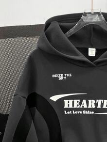 SHEIN 青少年女孩針織拼色字母印花寬鬆休閒衛衣 - 灰色 - 查看 5