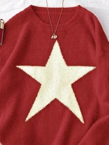 SHEIN 青少年女孩星星圖案圓領落肩毛衣，兄弟姊妹套裝，秋冬休閒星星毛衣 - 紅白色 - 查看 4