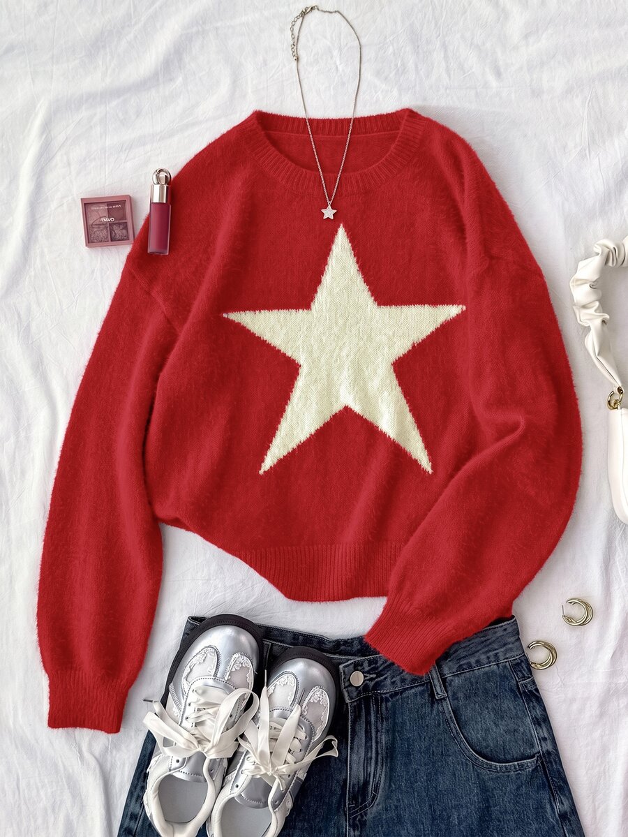 SHEIN 青少年女孩星星圖案圓領落肩毛衣,兄弟姊妹套裝,秋冬休閒星星毛衣 - 紅白色 - 查看 1