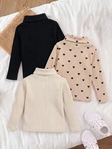 LMoss Kids Baby Girl 3pcs Knit Solid Color Heart Pattern Casual Elastic Comfortable High Neck Base Layer Winter Top Set - Multicolor - View 5