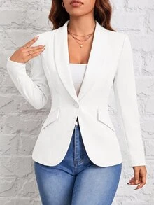 SHEIN PETITE Autumn And Winter Wear Suitable For Commuting. Green Fruit Collar Single-Button Black Suit Jacket - White - View 6