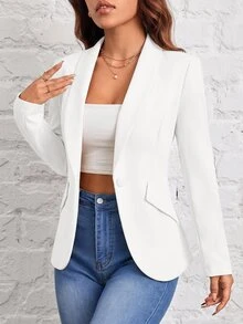 SHEIN PETITE Autumn And Winter Wear Suitable For Commuting. Green Fruit Collar Single-Button Black Suit Jacket - White - View 3