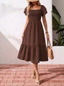SHEIN Holidaya ManYin 夏季滿版印花掛脖荷葉邊長洋裝 女款度假沙灘穿搭 - 深棕色 - 查看 8