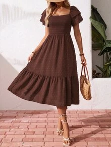 SHEIN Holidaya ManYin 夏季滿版印花掛脖荷葉邊長洋裝 女款度假沙灘穿搭 - 深棕色 - 查看 3