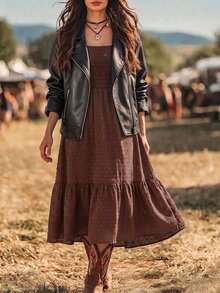 SHEIN Holidaya ManYin 夏季滿版印花掛脖荷葉邊長洋裝 女款度假沙灘穿搭 - 深棕色 - 查看 1