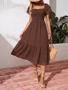 SHEIN Holidaya ManYin 夏季滿版印花掛脖荷葉邊長洋裝 女款度假沙灘穿搭 - 深棕色 - 查看 4
