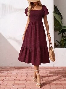 SHEIN Holidaya ManYin 夏季滿版印花掛脖荷葉邊長洋裝 度假海灘野餐女裝酒紅色浪漫波希米亞風 - 酒紅色 - 查看 5