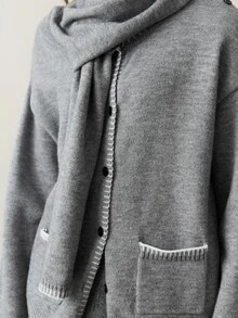 Dazy-Less Women's Winter Grey Round Neck Button Cable Knit Long Sleeve Slim Fit Ribbed Cardigan - Grey - View 4