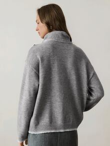 Dazy-Less Women's Winter Grey Round Neck Button Cable Knit Long Sleeve Slim Fit Ribbed Cardigan - Grey - View 2