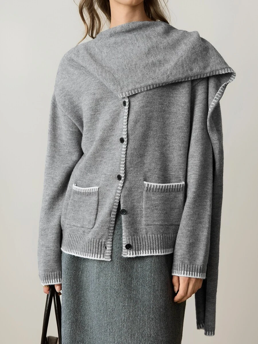 Dazy-Less Women's Winter Grey Round Neck Button Cable Knit Long Sleeve Slim Fit Ribbed Cardigan - Grey - View 1
