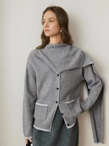 Dazy-Less Women's Winter Grey Round Neck Button Cable Knit Long Sleeve Slim Fit Ribbed Cardigan - Grey - View 6