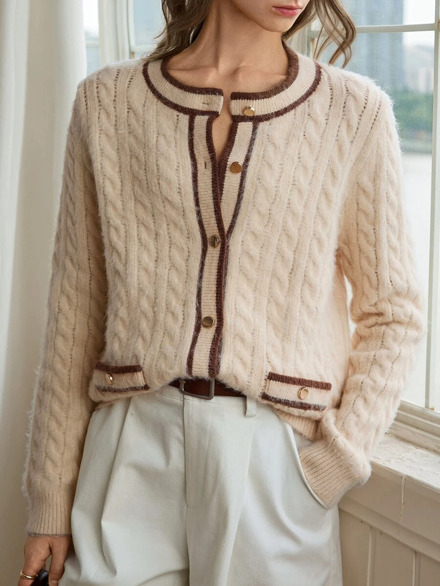 Dazy-Less Women's Colorblock Casual Daily Long Sleeve Cardigan Fall - Apricot - View 1