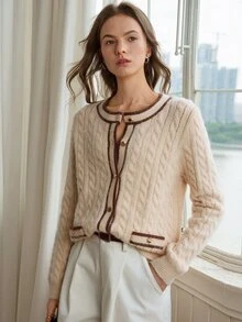 Dazy-Less Women's Colorblock Casual Daily Long Sleeve Cardigan Fall - Apricot - View 4