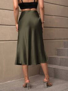 SHEIN LUNE Saia Midi De Sereia Simples E Elegante, De Cor Sólida, Para Mulheres - Verde Militar - Visão 2