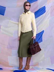 SHEIN LUNE Saia Midi De Sereia Simples E Elegante, De Cor Sólida, Para Mulheres - Verde Militar - Visão 8