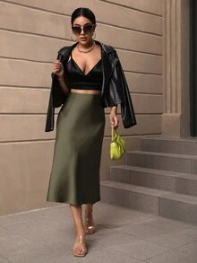 SHEIN LUNE Saia Midi De Sereia Simples E Elegante, De Cor Sólida, Para Mulheres - Verde Militar - Visão 4