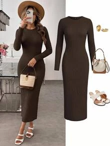Easowa Casual Elegant Women's Autumn/Winter Textured Slim Fit Dark Brown Dress Office Brunch Fall Clothes For Women Casual Dresses Work Outfits For Women - Brown - View 1