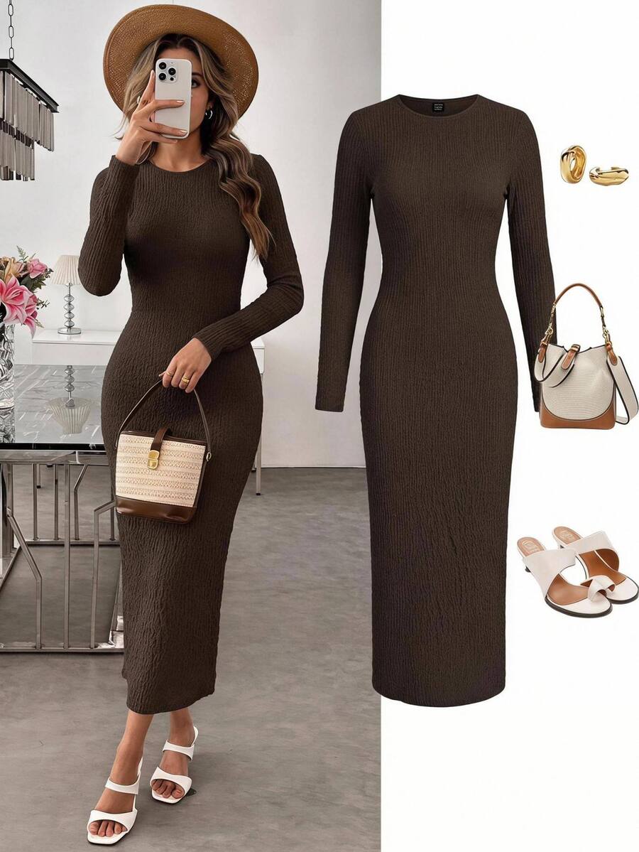 Easowa Casual Elegant Women's Autumn/Winter Textured Slim Fit Dark Brown Dress Office Brunch Fall Clothes For Women Casual Dresses Work Outfits For Women - Brown - View 1