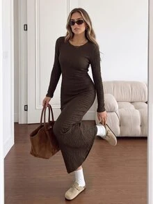 Easowa Casual Elegant Women's Autumn/Winter Textured Slim Fit Dark Brown Dress Office Brunch Fall Clothes For Women Casual Dresses Work Outfits For Women - Brown - View 5