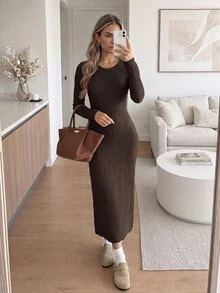Easowa Casual Elegant Women's Autumn/Winter Textured Slim Fit Dark Brown Dress Office Brunch Fall Clothes For Women Casual Dresses Work Outfits For Women - Brown - View 4