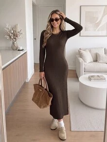 Easowa Casual Elegant Women's Autumn/Winter Textured Slim Fit Dark Brown Dress Office Brunch Fall Clothes For Women Casual Dresses Work Outfits For Women - Brown - View 6