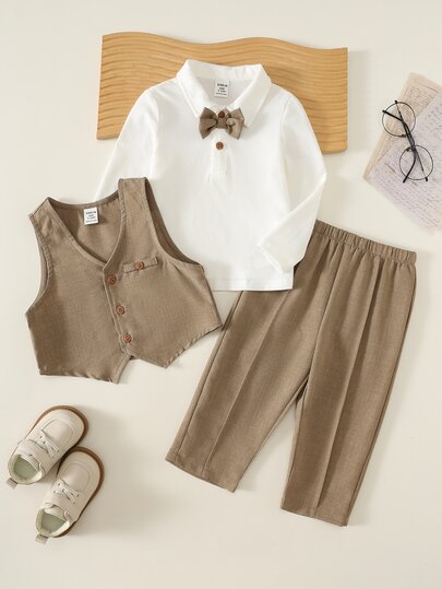 SHEIN Baby Boy Contrast Color Bow Long Sleeve Shirt, Sleeveless Vest, Elastic Waist Long Pants 3 Pieces Set, Versatile And Comfortable, Suitable For Birthday Party, Baptism, 1st Birthday Celebration, Evening Party, Performance, Wedding, Baby Party And Other Occasions