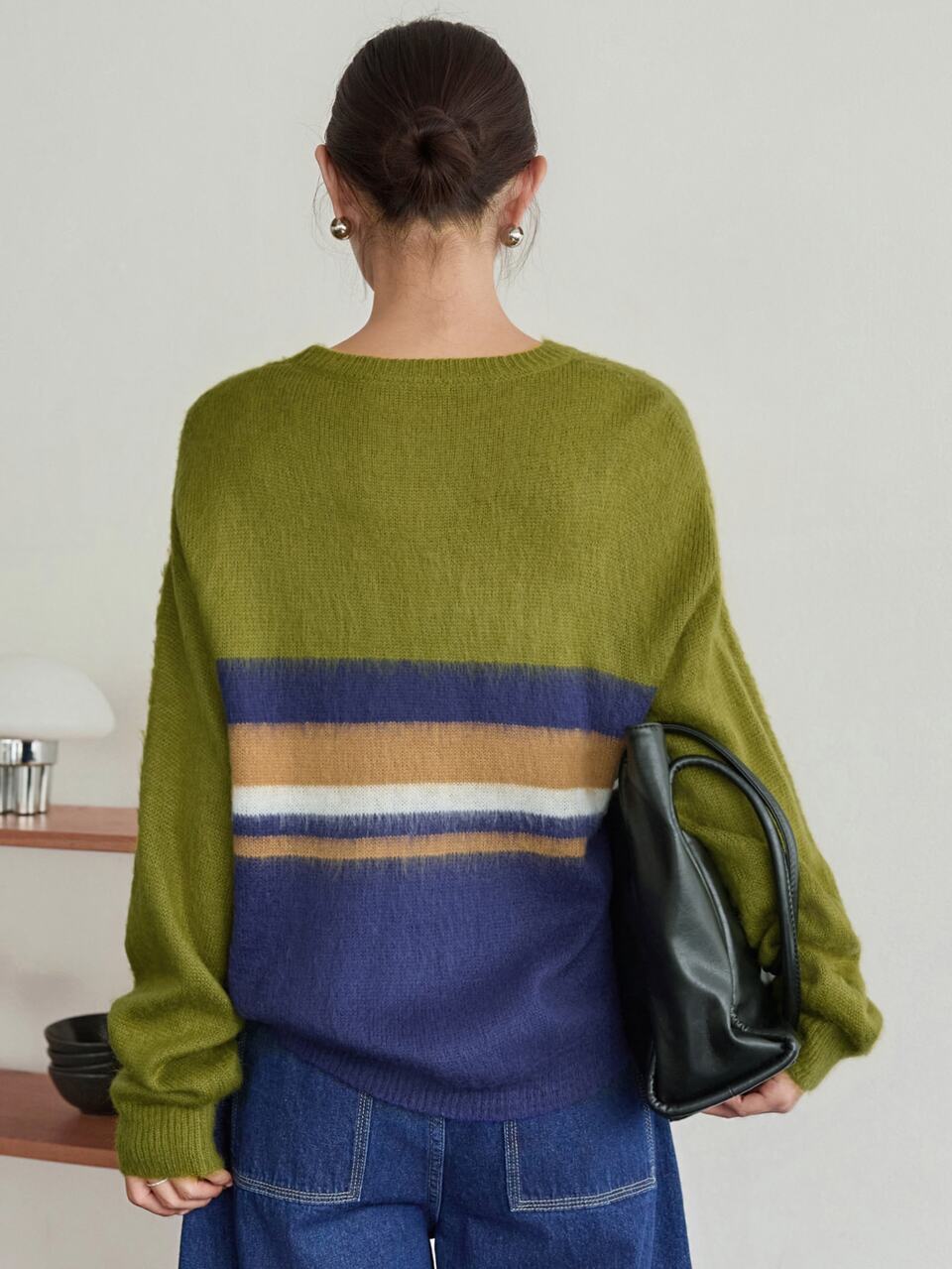 Women's Striped Round Neck Drop Shoulder Long Sleeve Casual Loose Sweater