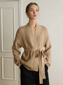 Dazy-Less Women's Solid Color Drop Shoulder Long Sleeve Waist Tie Knit Cardigan - Khaki - View 6
