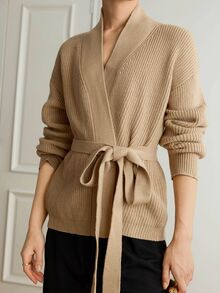 Dazy-Less Women's Solid Color Drop Shoulder Long Sleeve Waist Tie Knit Cardigan - Khaki - View 1