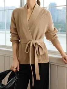Dazy-Less Women's Solid Color Drop Shoulder Long Sleeve Waist Tie Knit Cardigan - Khaki - View 4