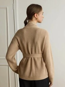 Dazy-Less Women's Solid Color Drop Shoulder Long Sleeve Waist Tie Knit Cardigan - Khaki - View 2