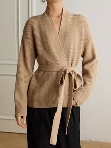 Dazy-Less Women's Solid Color Drop Shoulder Long Sleeve Waist Tie Knit Cardigan - Khaki - View 3