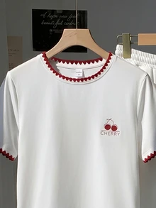 Comfortcana Chic Women's White Cherry Print Short Sleeve T-Shirt With Unique Red Crochet Detail On Neckline And - White - View 4