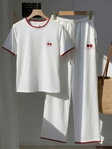 Comfortcana Chic Women's White Cherry Print Short Sleeve T-Shirt With Unique Red Crochet Detail On Neckline And - White - View 5