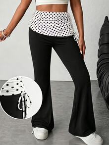 SHEIN Tween Girl Polka Dot Print Waist Drawstring Casual Flare Pants - Black - View 5