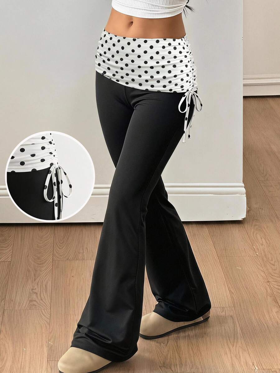 SHEIN Tween Girl Polka Dot Print Waist Drawstring Casual Flare Pants