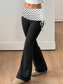 SHEIN Tween Girl Polka Dot Print Waist Drawstring Casual Flare Pants - Black - View 6