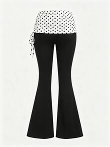SHEIN Tween Girl Polka Dot Print Waist Drawstring Casual Flare Pants - Black - View 8