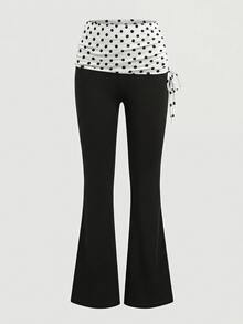 SHEIN Tween Girl Polka Dot Print Waist Drawstring Casual Flare Pants - Black - View 7