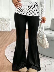SHEIN Tween Girl Polka Dot Print Waist Drawstring Casual Flare Pants - Black - View 3
