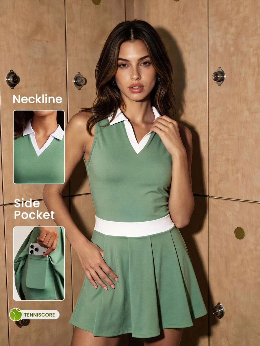 CourtClass Women's Colorblock Collared Sleeveless Golf Dress With Shorts - Green - View 1