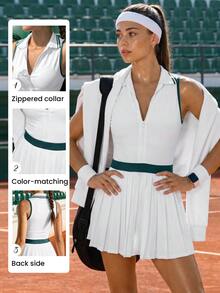 CourtClass CourtClass 复古拼色 Polo 领拉链运动连衣裙搭配短裤 - 时尚网球裙运动连衣裙 - 白色 - 查看 1