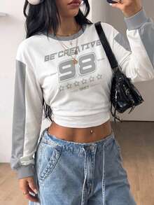 Coolane Autumn/Winter Going Out Tops Street Style Cropped Letter Print Sweatshirt - White - View 3