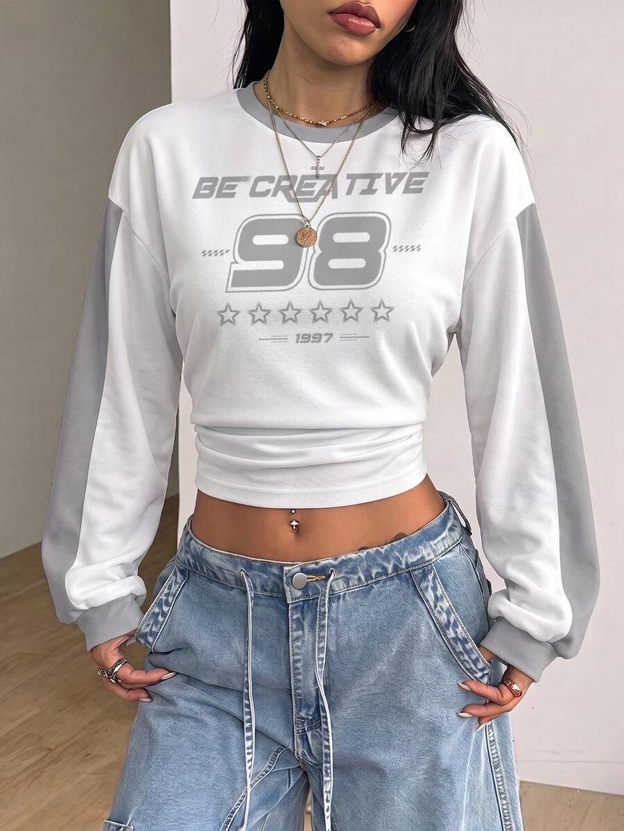 Coolane Autumn/Winter Going Out Tops Street Style Cropped Letter Print Sweatshirt - White - View 1