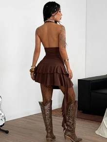Coolane Women's Dark Brown Summer Western Night Club Concert Outfit Boho Chic Y2k Stretchy Slim Fit Cowl Neck Backless Ruffle Fringe Mini Dress With Hat - Brown - View 2