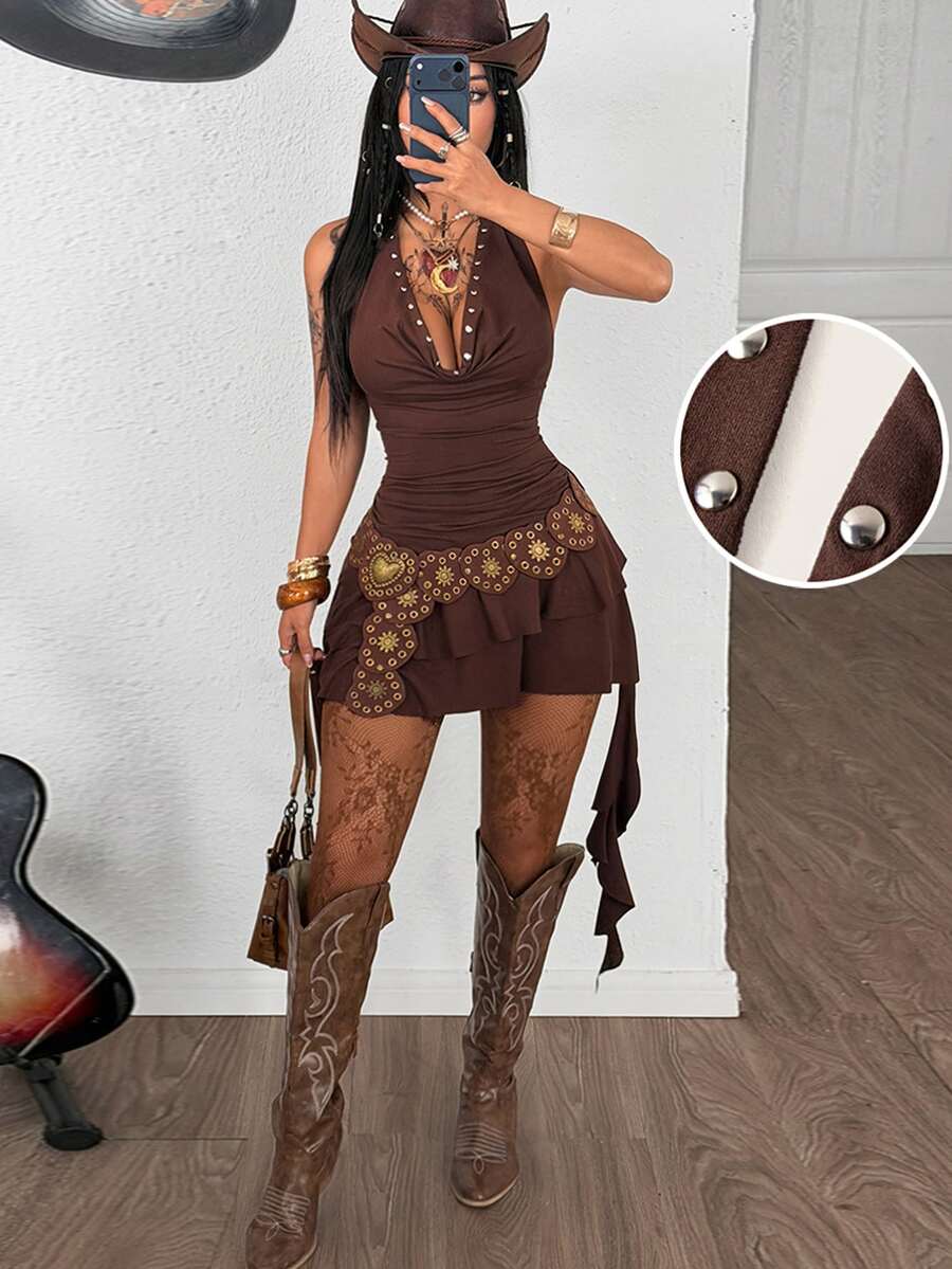 Coolane Women's Dark Brown Summer Western Night Club Concert Outfit Boho Chic Y2k Stretchy Slim Fit Cowl Neck Backless Ruffle Fringe Mini Dress With Hat - Brown - View 1