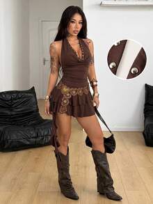Coolane Women's Dark Brown Summer Western Night Club Concert Outfit Boho Chic Y2k Stretchy Slim Fit Cowl Neck Backless Ruffle Fringe Mini Dress With Hat - Brown - View 4