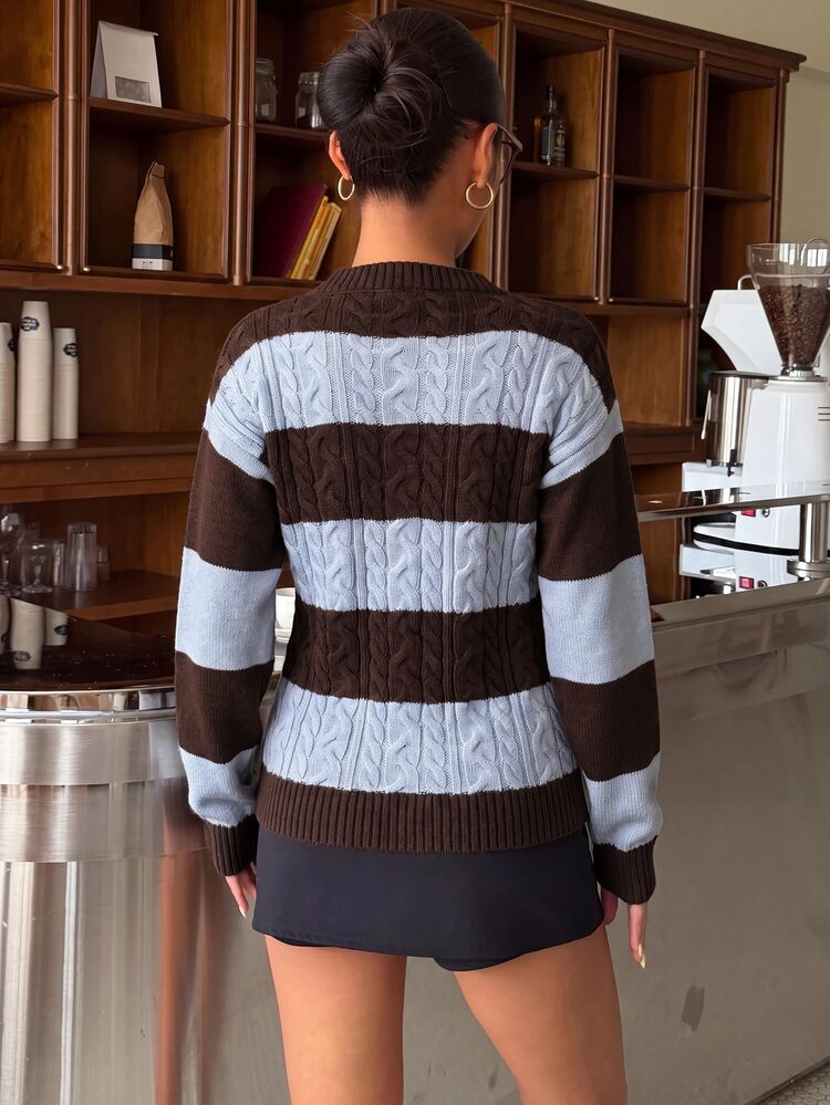 Muchica Y2K V Neck Brown And Blue Striped Cable Knit Sweater – Slim Fit Soft Cozy Casual Streetwear Retro Pullover Top Striped Cable Knit Sweater Brown With Baby Blue Contrast – V Neck Fitted Soft Casual Everyday Knit Top - Brown - View 2