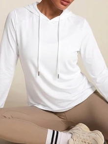 SHEIN Cheerettes Women's Solid White Hooded Pullover Sportswear Long Sleeve Casual Gym Fitness Workout Sweatshirt For Autumn Winter - White - View 8