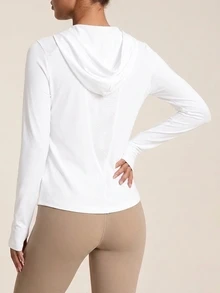 SHEIN Cheerettes Women's Solid White Hooded Pullover Sportswear Long Sleeve Casual Gym Fitness Workout Sweatshirt For Autumn Winter - White - View 3